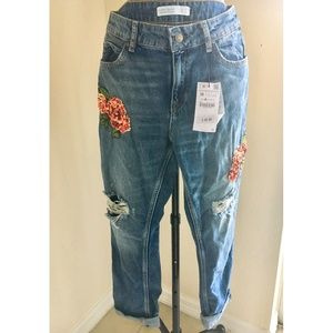 Zara Quality Denim Ripped Rose Embroidered Jeans